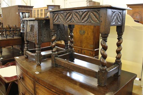 Reproduction oak duet stool & carved oak box-seat stool